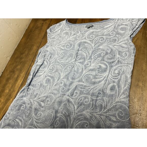 LINA TOMEI Chambray Blue Coastal Embroidered 100% Linen Dress Large Italy - Picture 4 of 11